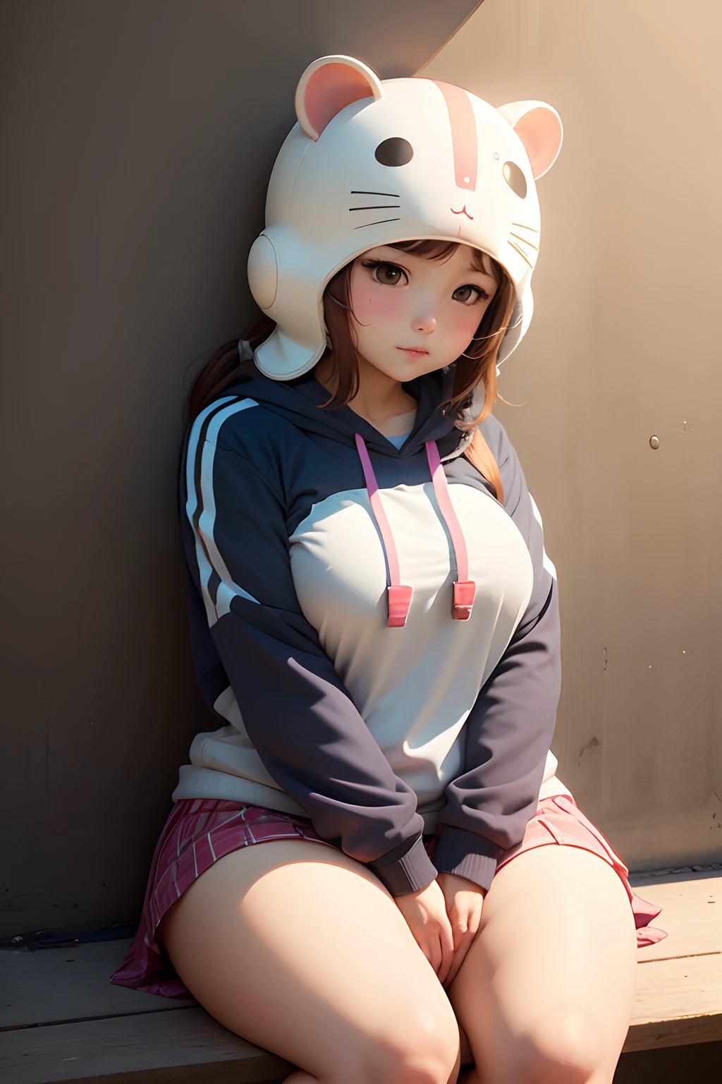 Hamster headgear、female high-school student、kawaii、Thick、Muchimuchi、Plump、Sitting leaning against the wall、Open legs、A man's hand is caressing his genitals、Love juice is dripping、feels good！