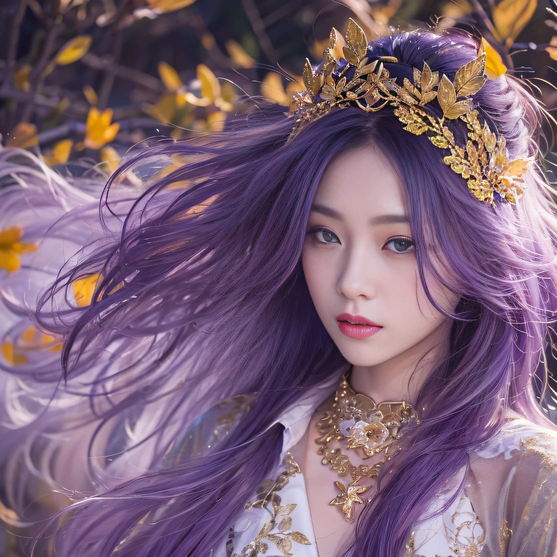 Genki Girl 32K（tmasterpiece，k hd，hyper HD，32K）Long flowing bright purple hair，Autumn Pond，zydink， a color， Asian people （Genki girl）， （Silk scarf）， Combat posture， looking at the ground， long whitr hair， Floating bright purple， Fire cloud pattern gold tiara， Chinese long-sleeved gold silk garment， （Abstract metaverse splash：1.2）， white backgrounid，Lotus vitality protector（realisticlying：1.4），Bright purple hair，Smoke on the road，The background is pure， A high resolution， the detail， RAW photogr， Sharp Re， Nikon D850 Film Stock Photo by Jefferies Lee 4 Kodak Portra 400 Camera F1.6 shots, Rich colors, ultra-realistic vivid textures, Dramatic lighting, Unreal Engine Art Station Trend, cinestir 800，A girl with long flowing bright purple hair