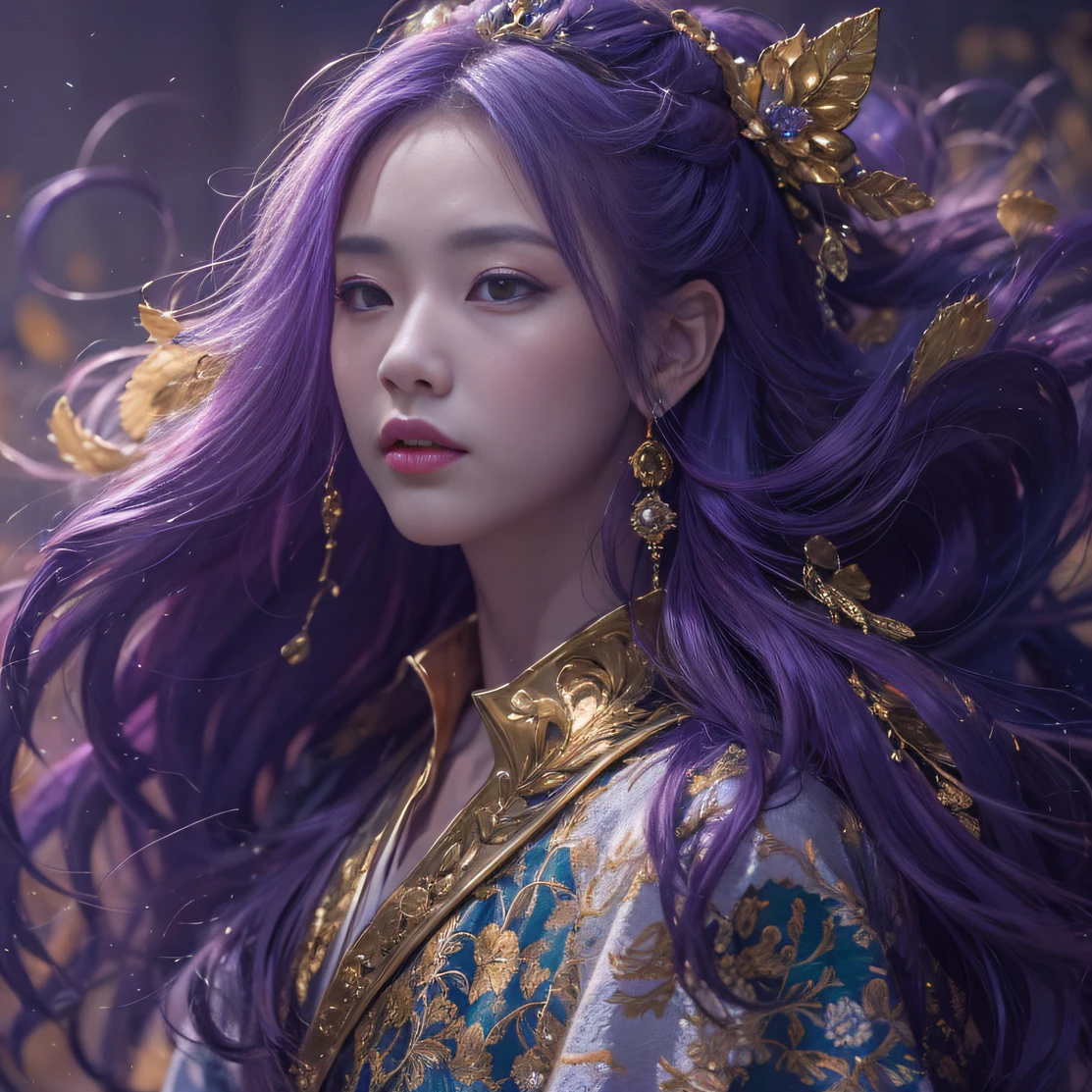 Genki Girl 32K（tmasterpiece，k hd，hyper HD，32K）Long flowing bright purple hair，Autumn Pond，zydink， a color， Asian people （Genki girl）， （Silk scarf）， Combat posture， looking at the ground， long whitr hair， Floating bright purple， Fire cloud pattern gold tiara， Chinese long-sleeved gold silk garment， （Abstract metaverse splash：1.2）， white backgrounid，Lotus vitality protector（realisticlying：1.4），Bright purple hair，Smoke on the road，The background is pure， A high resolution， the detail， RAW photogr， Sharp Re， Nikon D850 Film Stock Photo by Jefferies Lee 4 Kodak Portra 400 Camera F1.6 shots, Rich colors, ultra-realistic vivid textures, Dramatic lighting, Unreal Engine Art Station Trend, cinestir 800，A girl with long flowing bright purple hair
