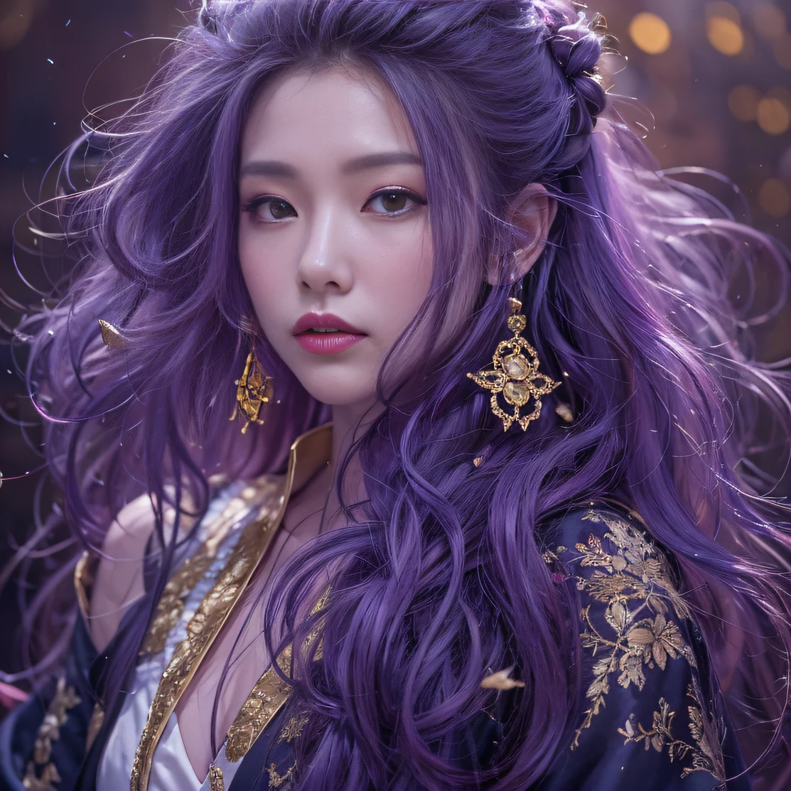 Genki Girl 32K(tmasterpiece,k hd,hyper HD,32K)Long flowing bright purple hair,Autumn Pond,zydink, a color, Asian people (Genki girl), (Silk scarf), Combat posture, looking at the ground, long whitr hair, Floating bright purple, Fire cloud pattern gold tiara, Chinese long-sleeved gold silk garment, (Abstract metaverse splash:1.2), white backgrounid,Lotus vitality protector(realisticlying:1.4),Bright purple hair,Smoke on the road,The background is pure, A high resolution, the detail, RAW photogr, Sharp Re, Nikon D850 Film Stock Photo by Jefferies Lee 4 Kodak Portra 400 Camera F1.6 shots, Rich colors, ultra-realistic vivid textures, Dramatic lighting, Unreal Engine Art Station Trend, cinestir 800,A girl with long flowing bright purple hair
