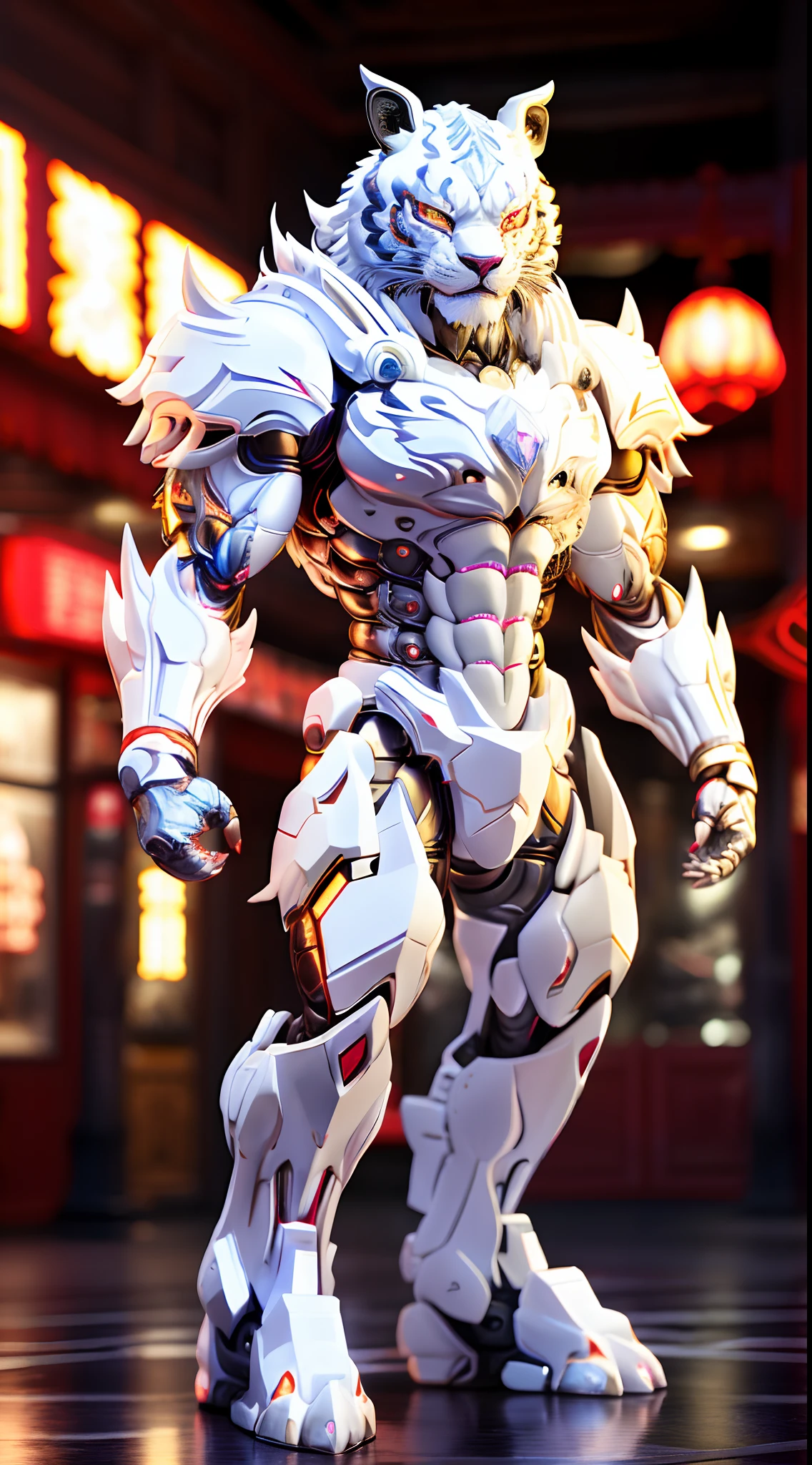 CHINESE WHITE TIGER, TIGER HEAD, Heterochromia eye, CRYSTAL ARMOR, TRANSPARANT, MUSCLE BODY.