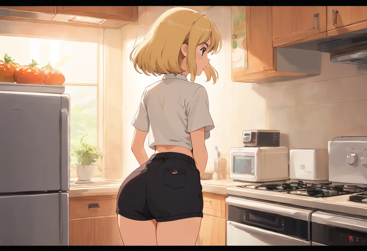 Blonde woman Black shorts and white shirt standing in front of a microwave, Deusa loira, Back from Toned, Bermuda, uma loira linda, coxas!!!! gorgeous, louro, coxas expostas!!!, menina perfeita de cabelos brancos, coxas!!!, coxas!!!!! gorgeous, thicc, booty shorts, beleza de cair o queixo, curvy accentuated booty, looking from behind