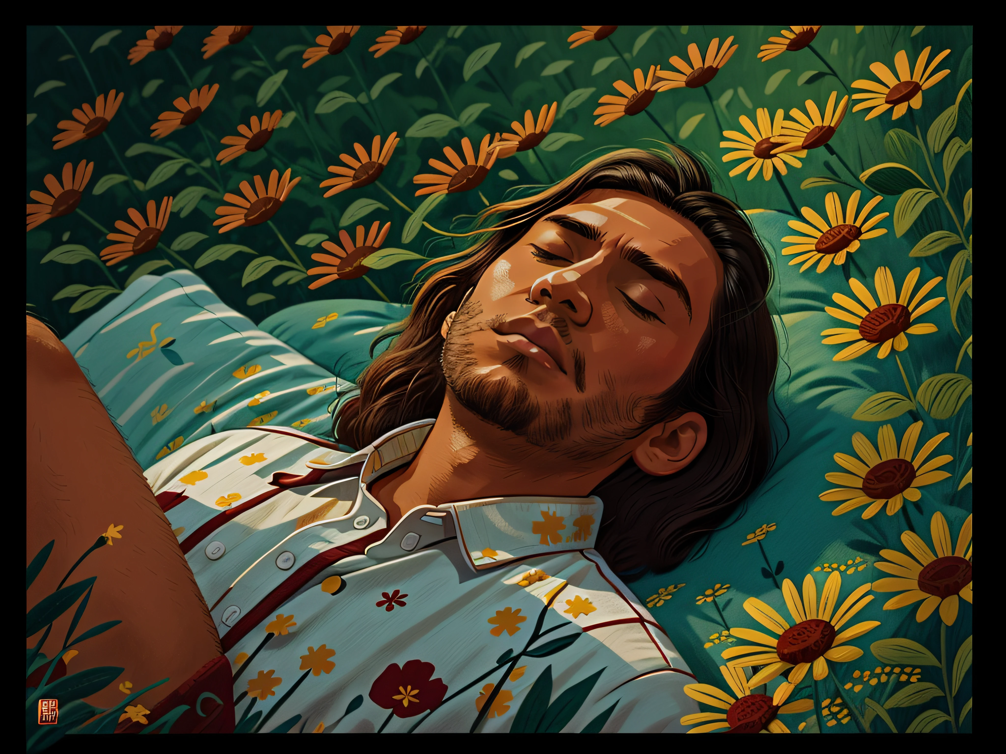 a close up of a man laying on a bed of flowers, still frame from a movie, lying on a bed of daisies, scene from kagemusha, flowers growing out of his body, still from l'estate, movie screencap, akira kurosawa, eraserhead, still from film, 1950s korean film noir, opening scene