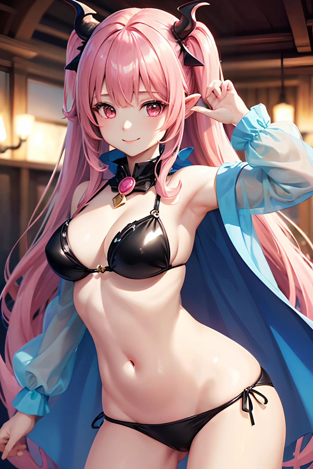 1female、When I was reincarnated, I was a slime character（Mirim）、​masterpiece、top-quality、precise、animesque、Demon King Mirim、A pink-haired、Twin-tailed、Armor、Black Bikini Armor、small tits、a smile、