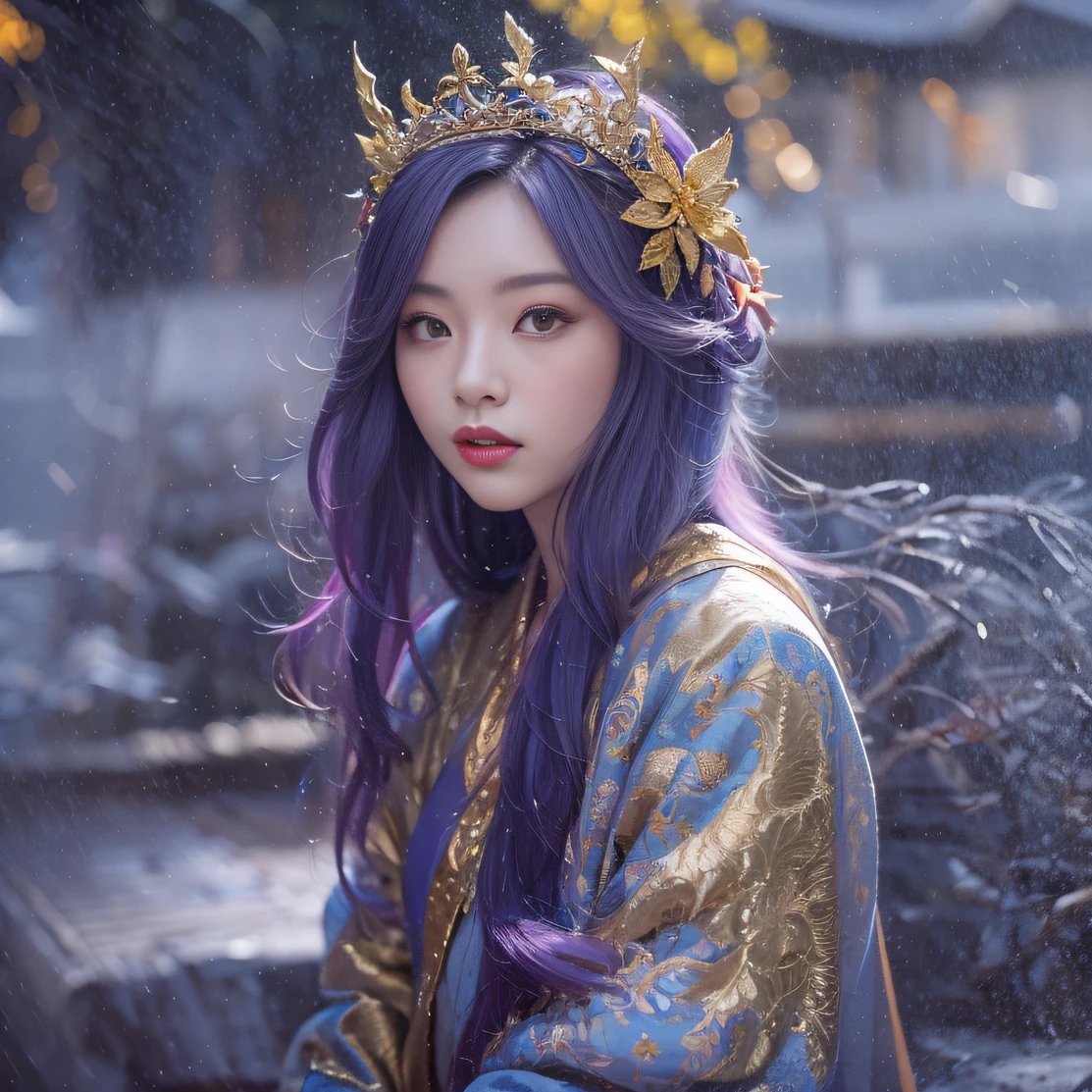 Genki Girl 32K（tmasterpiece，k hd，hyper HD，32K）Long flowing bright purple hair，Autumn Pond，zydink， a color， Asian people （Genki girl）， （Silk scarf）， Combat posture， looking at the ground， long whitr hair， Floating bright purple， Fire cloud pattern gold tiara， Chinese long-sleeved gold silk garment， （Abstract metaverse splash：1.2）， white backgrounid，Lotus vitality protector（realisticlying：1.4），Bright purple hair，Smoke on the road，The background is pure， A high resolution， the detail， RAW photogr， Sharp Re， Nikon D850 Film Stock Photo by Jefferies Lee 4 Kodak Portra 400 Camera F1.6 shots, Rich colors, ultra-realistic vivid textures, Dramatic lighting, Unreal Engine Art Station Trend, cinestir 800，A girl with long flowing bright purple hair