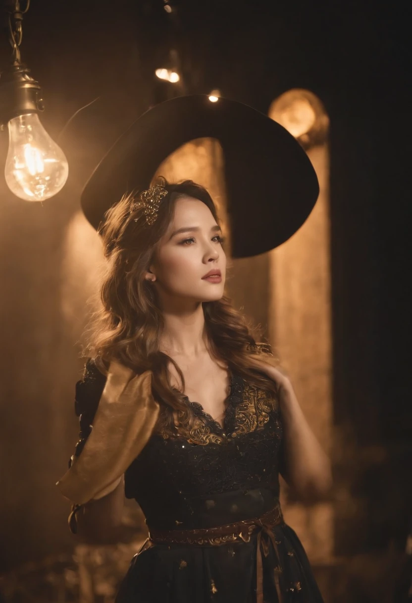 Musical，Female lead singer，Gorgeous costumes，轴对称，Golden stage，Gorgeous background，Dramatic lighting，Full body like，Cowboy perspective