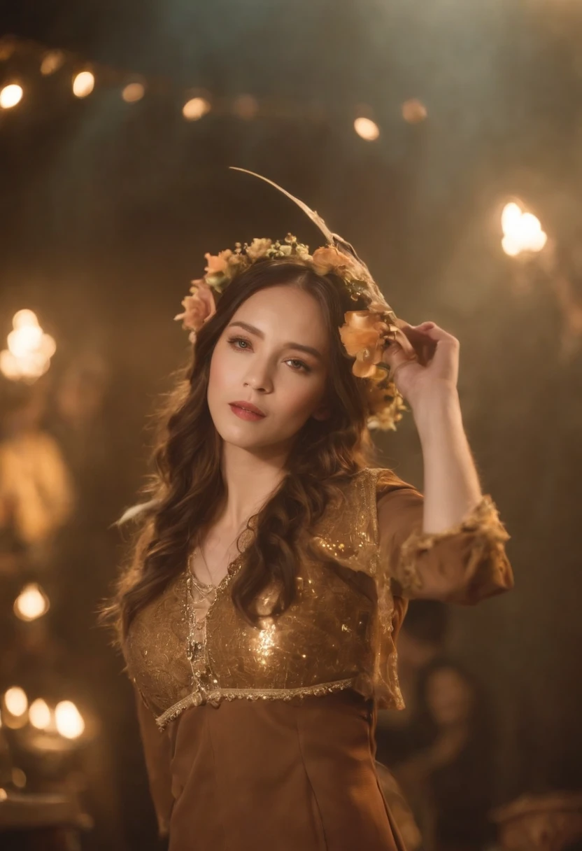 Musical,Female lead singer,Gorgeous costumes,轴对称,Golden stage,Gorgeous background,Dramatic lighting,Full body like,Cowboy perspective