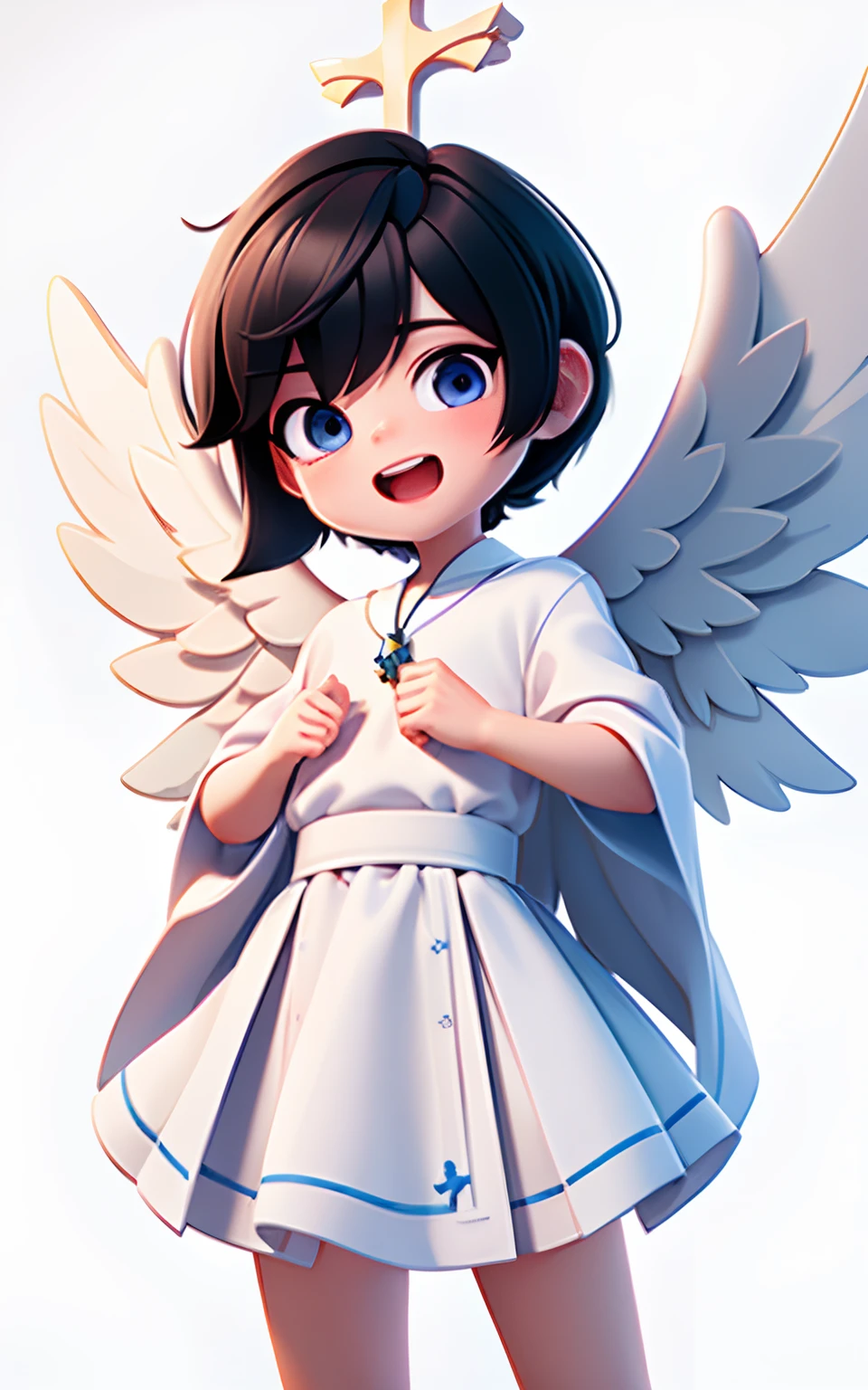 top-quality, 8K, ultra-detailliert, Pixar, 1 male, Angelic appearance, (Short-haired black hair:1.5), Eyes are blue, Yancha Face, (With keen eyes:1.5), (Bad eyes:1.5), Laughing with open mouth, Bad character, (Little white angel wings:1.5), Wearing a cross necklace, Angelic white robes, 独奏, Bangs, male people, Upper body, free pose