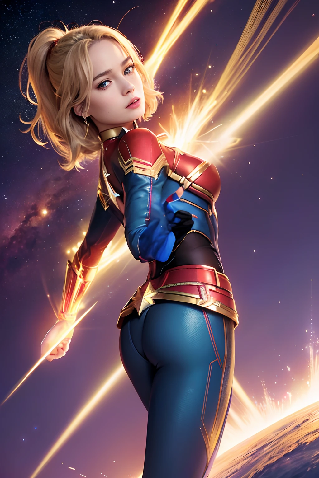 Woman body set big breasts,Captain Marvel costume dress,cleavage,Bare chest,Exposed panties,does not wear panties,Ass focus