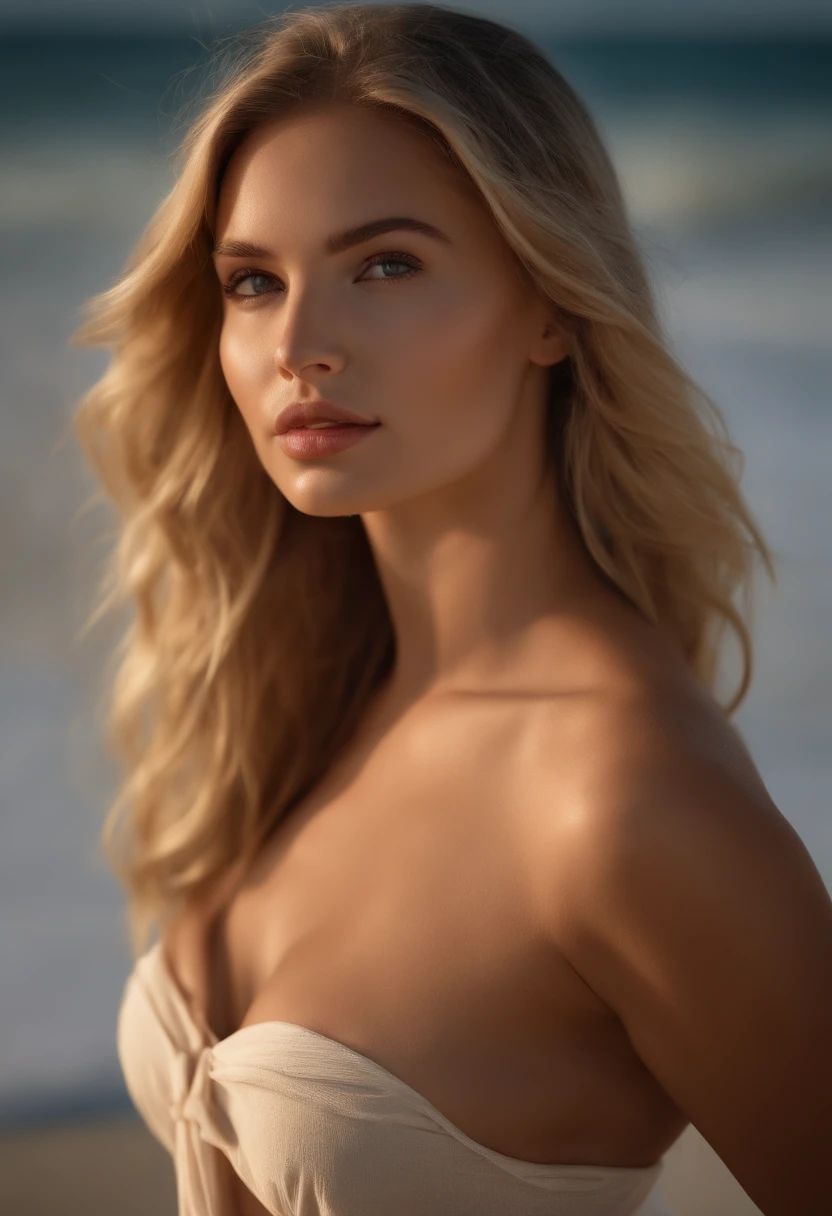 professional, (4k photo:1.1) by (Jeremy Lipking:0.3), (Dittmann Anna:0.3), (Arian Mark:0.3), (Sharp focus:1.3), high detail, wearing (tight shirt:1.2), beautiful detailed face, hazel eyes, long blonde hair, (attractive young woman:1.3), (seductive:1.1), (blushing:1.1), hourglass body shape, big round breasts, wide hips, on beach