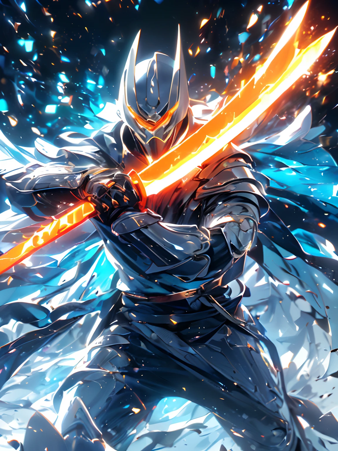 Super Realistic, Hyper Realistic, Super Detailed, (cybersamurai, 1boy, ((solo)), (holding orange sword) , (High Guard Stance) , wearing black-white armor and mask, cape, glowing beautiful blue eyes, glow:1.3) (glowing simple black background:1.25),
