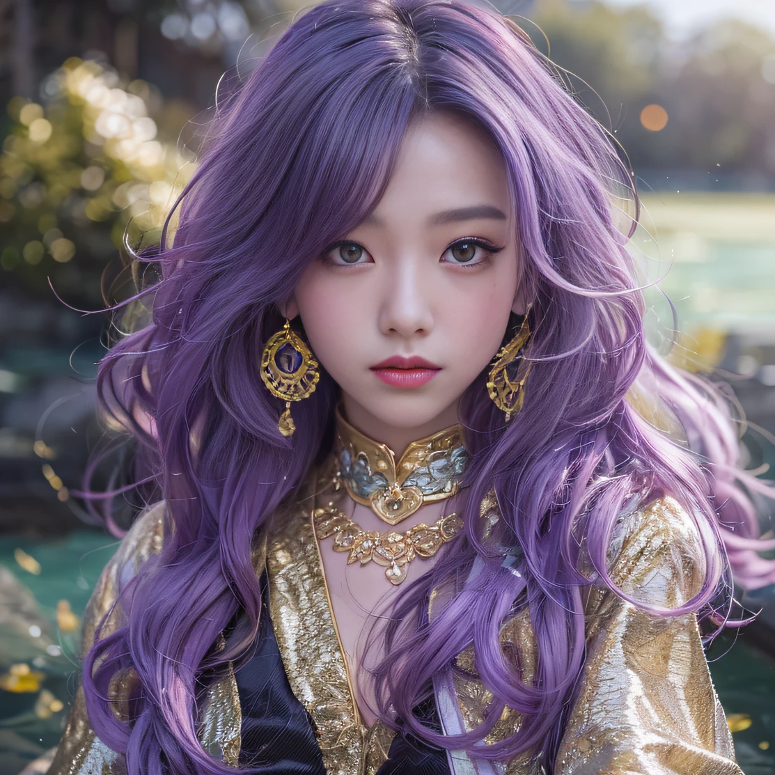 Genki Girl 32K(tmasterpiece,k hd,hyper HD,32K)Long flowing bright purple hair,Autumn Pond,zydink, a color, Asian people (Genki girl), (Silk scarf), Combat posture, looking at the ground, long whitr hair, Floating bright purple, Fire cloud pattern gold tiara, Chinese long-sleeved gold silk garment, (Abstract metaverse splash:1.2), white backgrounid,Lotus vitality protector(realisticlying:1.4),Bright purple hair,Smoke on the road,The background is pure, A high resolution, the detail, RAW photogr, Sharp Re, Nikon D850 Film Stock Photo by Jefferies Lee 4 Kodak Portra 400 Camera F1.6 shots, Rich colors, ultra-realistic vivid textures, Dramatic lighting, Unreal Engine Art Station Trend, cinestir 800,A girl with long flowing bright purple hair