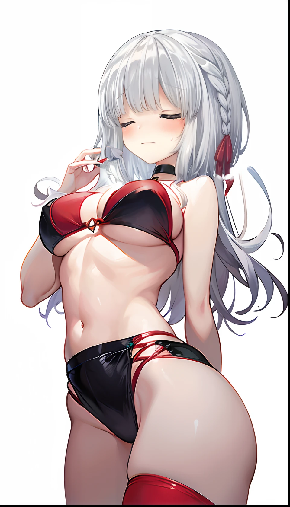 Red bikini、Colossal tits、(((masterpiece)))、(top-quality)、tre anatomically correct、(Best Quality:1.3), Large breasts, cleavage, shinny skin、Soft skin、shorth hair、an anime girl、Bare arms、bared legs、a choker