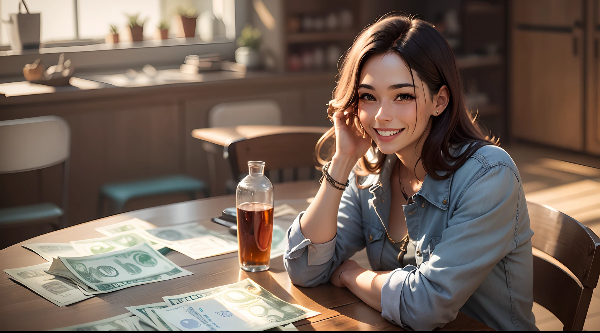 a adult man, with a smile on her face,On the table was a wad of dollars