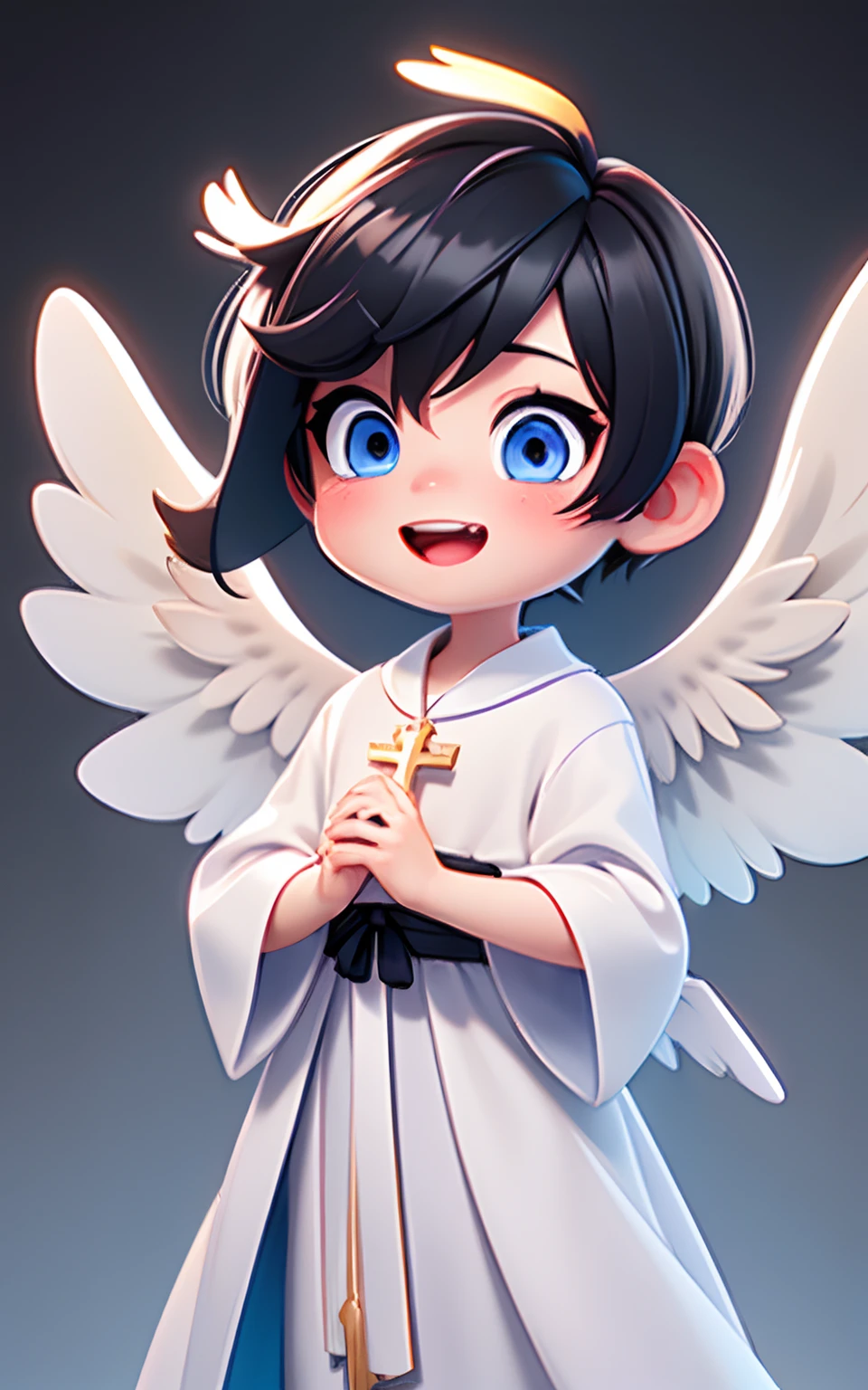top-quality, 8K, ultra-detailliert, Pixar, 1 male, Angelic appearance, (Short-haired black hair:1.5), Eyes are blue, Yancha Face, (With keen eyes:1.5), (Bad eyes:1.5), Laughing with open mouth, Bad character, (Little white angel wings:1.5), Wearing a cross necklace, Angelic white robes, 独奏, Bangs, male people, Upper body, free pose