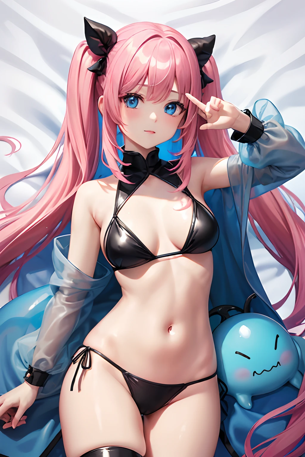 1female、When I was reincarnated, I was a slime character(Mirim)、masterpiece、top-quality、precise、animesque、Demon King Mirim、Aimei、Beautiful blue eyes、A pink-haired、Twin-tailed、Proud twintails、Armor、Black Bikini Armor、small tits、True to the original、