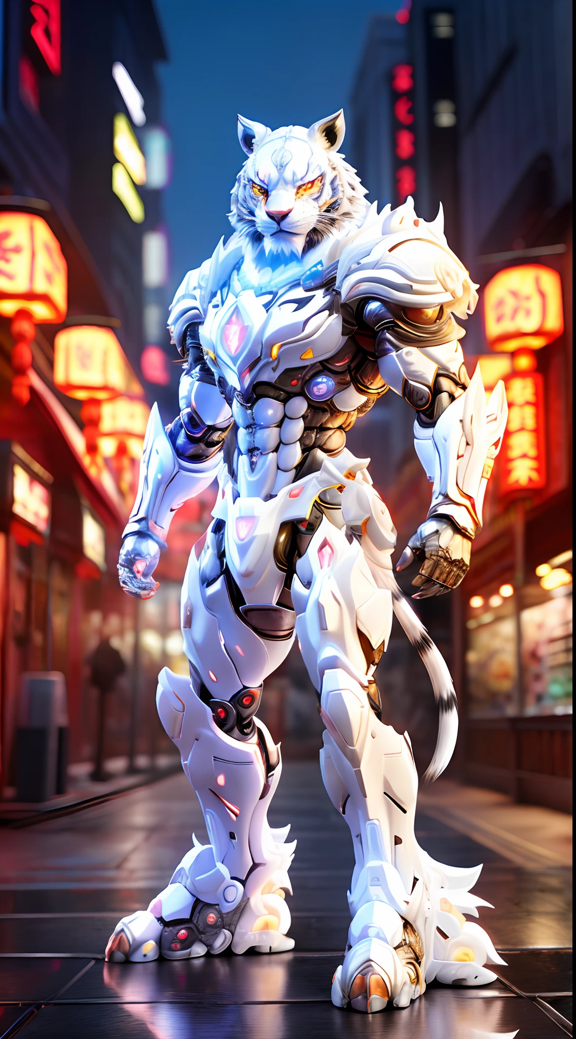 CHINESE WHITE TIGER, TIGER HEAD, Heterochromia eye, CRYSTAL ARMOR, TRANSPARANT, MUSCLE BODY.