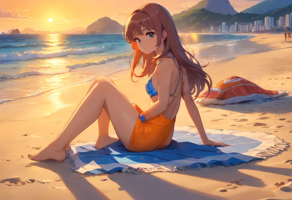 HDR,UHD,studio lighting,pintura ultrafina,foco nítido,Physically-based rendering,extreme detail description,profissional,vivid colors,Bokeh) Arlequina sentada na areia da Praia de Copacabana, enjoying the sunset. 【Principal de tela】 Arlequina sentada na areia da Praia de Copacabana 【material】 pintura ultrafina 【Detalhes adicionais】 The sand is warm and golden, swallowing Harley's feet. As ondas do mar acaricia suavemente a costa, criando um som calmante. A vibrant beach towel is arranged next to the Harley, sporting colorful patterns. Gaivotas sobrevoam, ocasionalmente descendo para pegar peixes. The smell of salt water and sunscreen fills the air, Improving the beach experience. 【qualidade de imagem】 (melhor qualidade,4k,8k,Altas,master part:1.2), ultra-detalhado, (Realistic,fotorrealista,photo-realistic:1.37) 【Artistic style】 Landscape 【tons de cor】 The colors are bright and vivid, refletindo a atmosfera vibrante da praia. The blue ocean stretches as far as the eye can see, contrastando lindamente com a areia dourada. The sky is painted with shades of orange, Rosa, e roxo, indicating the mesmerizing sunset. 【lamplight】 The warm sunlight casts a golden glow on Harley's face, highlighting their distinct features. Os raios de luz criam sombras suaves na areia, adding depth and dimension to the scene.