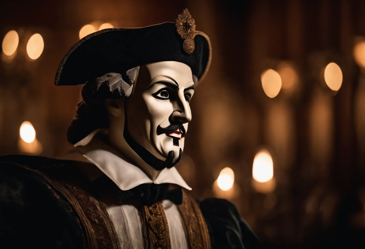 Shakespeare's Opera House，Mask Man，Grandiose spectacle，Contradictions and conflicts，spotlight lights，panoramic lens，realisticlying
