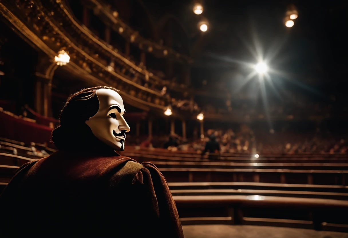 Shakespeare's Opera House,Mask Man,Grandiose spectacle,Contradictions and conflicts,spotlight lights,panoramic lens,realisticlying