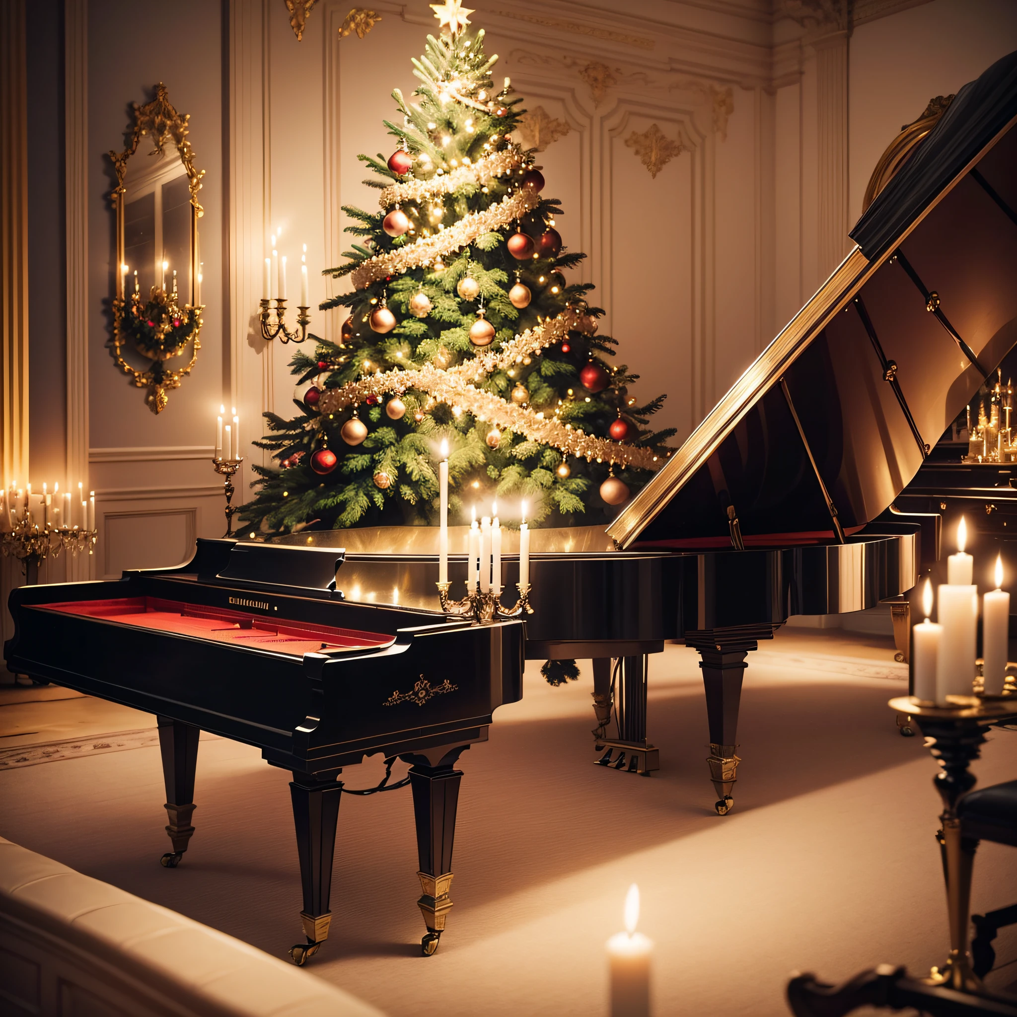 Victorian Christmas: A vintage Victorian living room with elegant decorations, a grand piano, and candles creating a timeless ambiance.