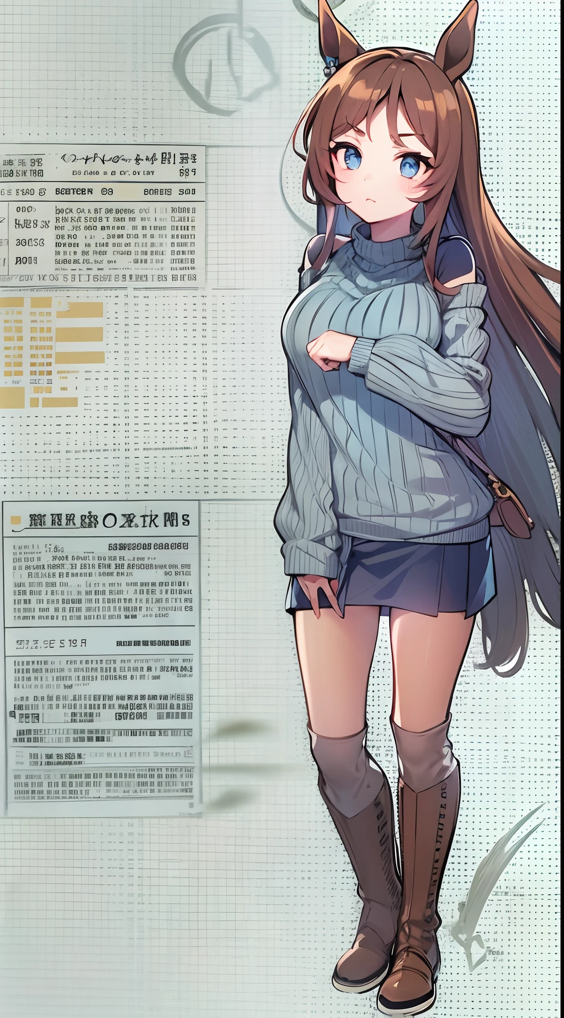 Super Creek_(Umamusume), 1girl in,Animal ears ,Horse ears ,Horse Girl ,Horse tail,masutepiece, Best Quality,Detached sleeves, Long sleeves, Bare shoulders, Sleeveless sweater, Ribbed sweater, White sweater, Turtleneck sweater, Wrist cuffs, strap between breasts, Handbag, Shoulder bag, Blue Dress, thighs thighs thighs thighs, Thigh boots, mismatched footwear, Assist shoes,