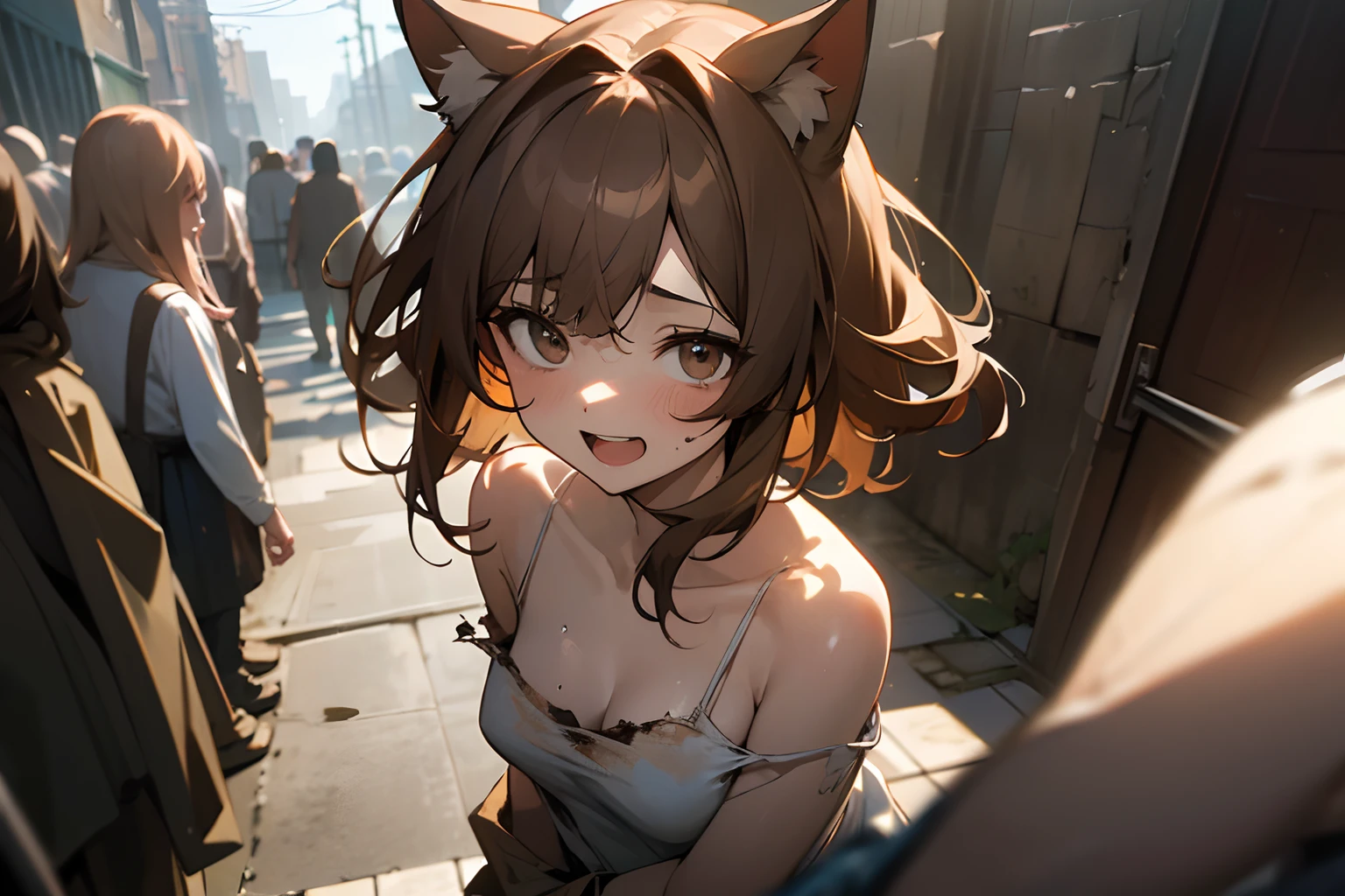 ((best quality)),in 8K,from above,portrait, cinematic lighting, (Sit on the old fence、Very unkempt hair, exposed breast, Hide your nakedness with a tattered and torn dirty blanket、Slender small breasts）、red blush、Open your mouth with a troubled smile、Soaking wet body、Textured skin, Cat ears, Pale brown hair, Cute Beautiful Girl、Beautiful ruins covered with lots of vegetation、You can see the slums