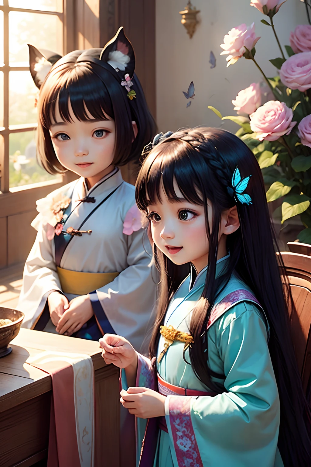 Castle full of flowers,afternoon sunlight,Two girls,Wearing a light cyan Hanfu,black color hair,There is a butterfly hairpin on the head,laughing heartily