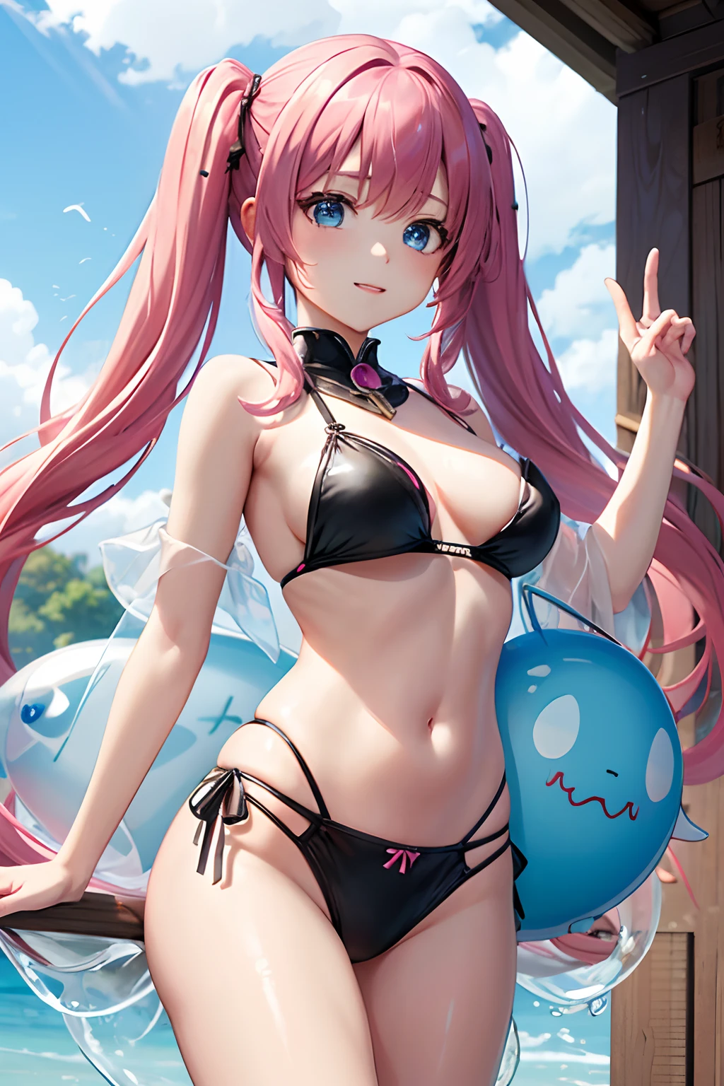 1female、When I was reincarnated, I was a slime character(Mirim)、masterpiece、top-quality、precise、animesque、Demon King Mirim、Aimei、Beautiful blue eyes、A pink-haired、Twin-tailed、Proud twintails、Armor、Black Bikini Armor、small tits、True to the original、