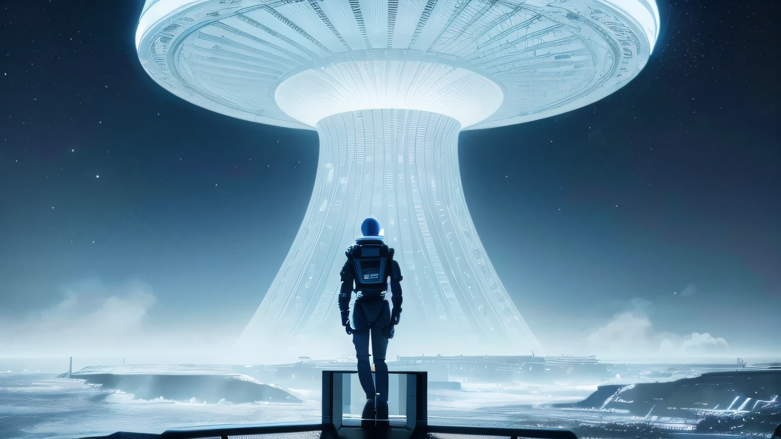 a male robot on the balcony. Alien structures, A white living room on the balcony of a building, Alien ship in the sky, Alien structures, Night sky. A robotic silhouette in the background, A distant robot man. Alien structures, Night sky. White and blue, 8K, Realistic photo, deep color, fantastical, intricate detail, splash screen, complementary colors, 8k resolution trending on Artstation Unreal Engine 5" , Alien structures,