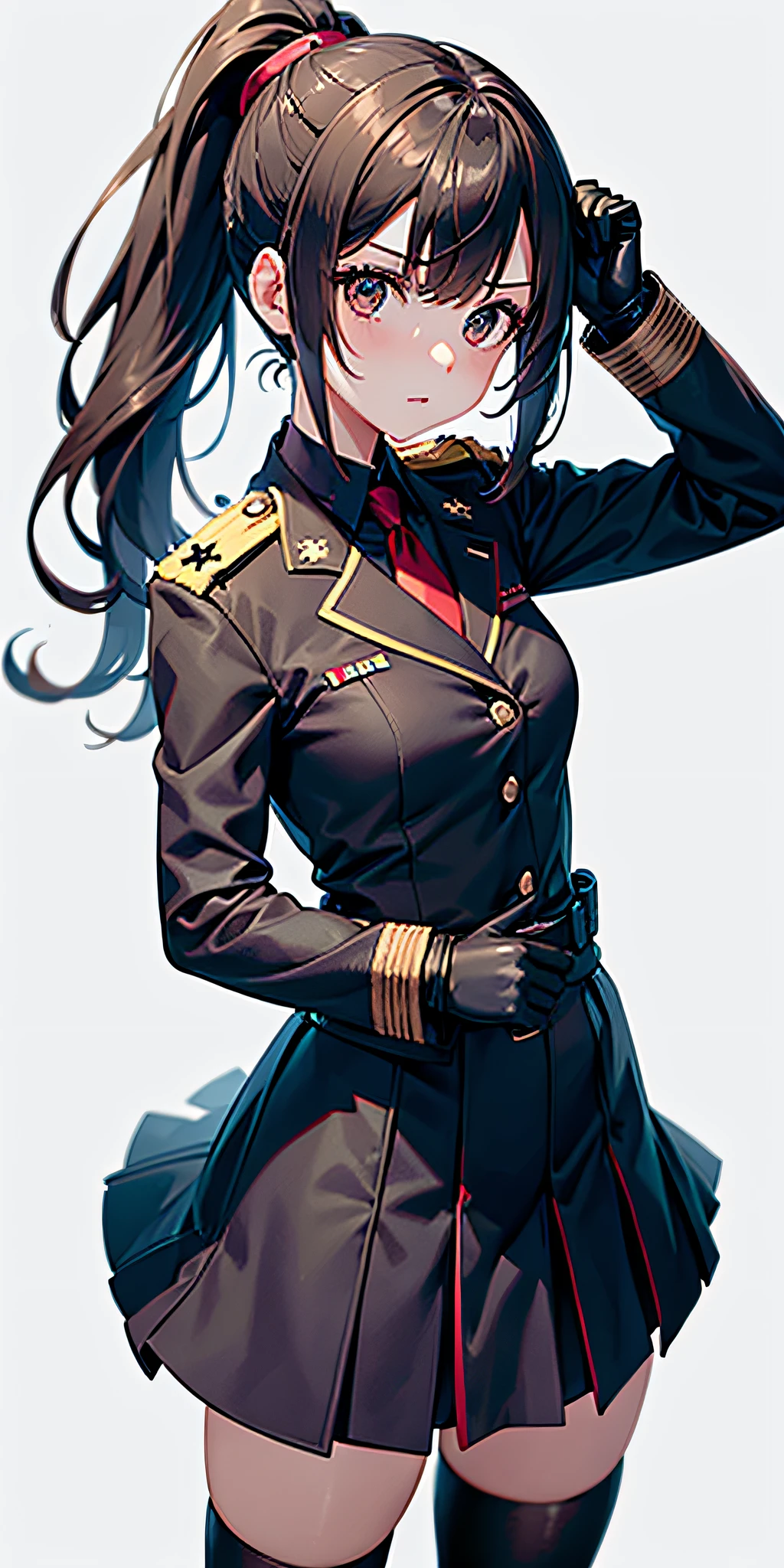 <lora:drozd:1> pkwhiteguard, beaked cap, military uniform, jacket,, ultra detailed, masterpiece, best quality, aesthetic, detailed,, solo, smug smile, 1girl, purple eyes, red-framed eyewear, (black hair, red colored tips:1.2), red streaked hair, very long hair, side ponytail, tied hair, medium breasts,