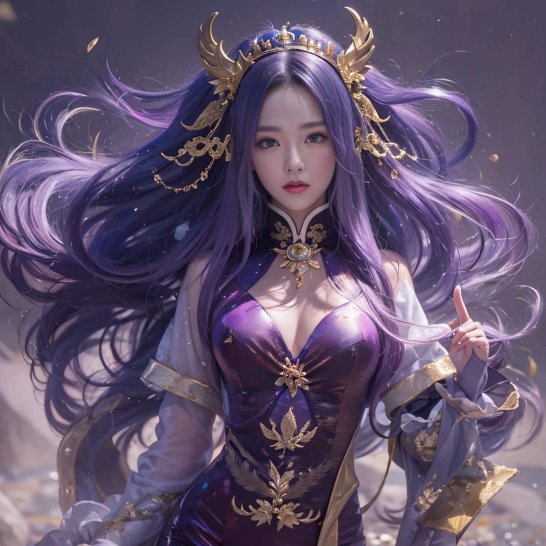 Genki Girl 32K（tmasterpiece，k hd，hyper HD，32K）Long flowing bright purple hair，Autumn Pond，zydink， a color， Asian people （Genki girl）， （Silk scarf）， Combat posture， looking at the ground， long whitr hair， Floating bright purple， Fire cloud pattern gold tiara， Chinese long-sleeved gold silk garment， （Abstract metaverse splash：1.2）， white backgrounid，Lotus vitality protector（realisticlying：1.4），Bright purple hair，Smoke on the road，The background is pure， A high resolution， the detail， RAW photogr， Sharp Re， Nikon D850 Film Stock Photo by Jefferies Lee 4 Kodak Portra 400 Camera F1.6 shots, Rich colors, ultra-realistic vivid textures, Dramatic lighting, Unreal Engine Art Station Trend, cinestir 800，A girl with long flowing bright purple hair