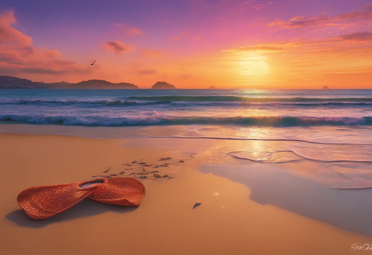 HDR,UHD,studio lighting,Tinta ultrafina,foco nítido,Physically-based rendering,extreme detail description,profissional,vivid colors,Bokeh) Arlequina sentada na areia da Praia de Copacabana, enjoying the sunset. 【Principal de tela】 Arlequina sentada na areia da Praia de Copacabana 【material】 Tinta ultrafina 【Detalhes adicionais】 The sand is warm and golden, swallowing Harley's feet. As ondas do mar acaricia suavemente a costa, criando um som calmante. A vibrant beach towel is arranged next to the Harley, sporting colorful patterns. Gaivotas sobrevoam, ocasionalmente descendo para pegar peixes. The smell of salt water and sunscreen fills the air, Improve the beach experience. 【qualidade de imagem】 (melhor qualidade,4k,8k,Alto,master part:1.2), ultra-detalhado, (Realistic,fotorrealista,photo-realistic:1.37) 【Artistic style】 Landscape 【tons de cor】 The colors are bright and vivid, refletindo a atmosfera vibrante da praia. The blue ocean stretches as far as the eye can see, contrastando lindamente com a areia dourada. The sky is painted with shades of orange, rosa, e roxo, indicating the mesmerizing sunset. 【lamplight】 The warm sunlight casts a golden glow on Harley's face, highlighting their distinct features. Os raios de luz criam sombras suaves na areia, adding depth and dimension to the scene.