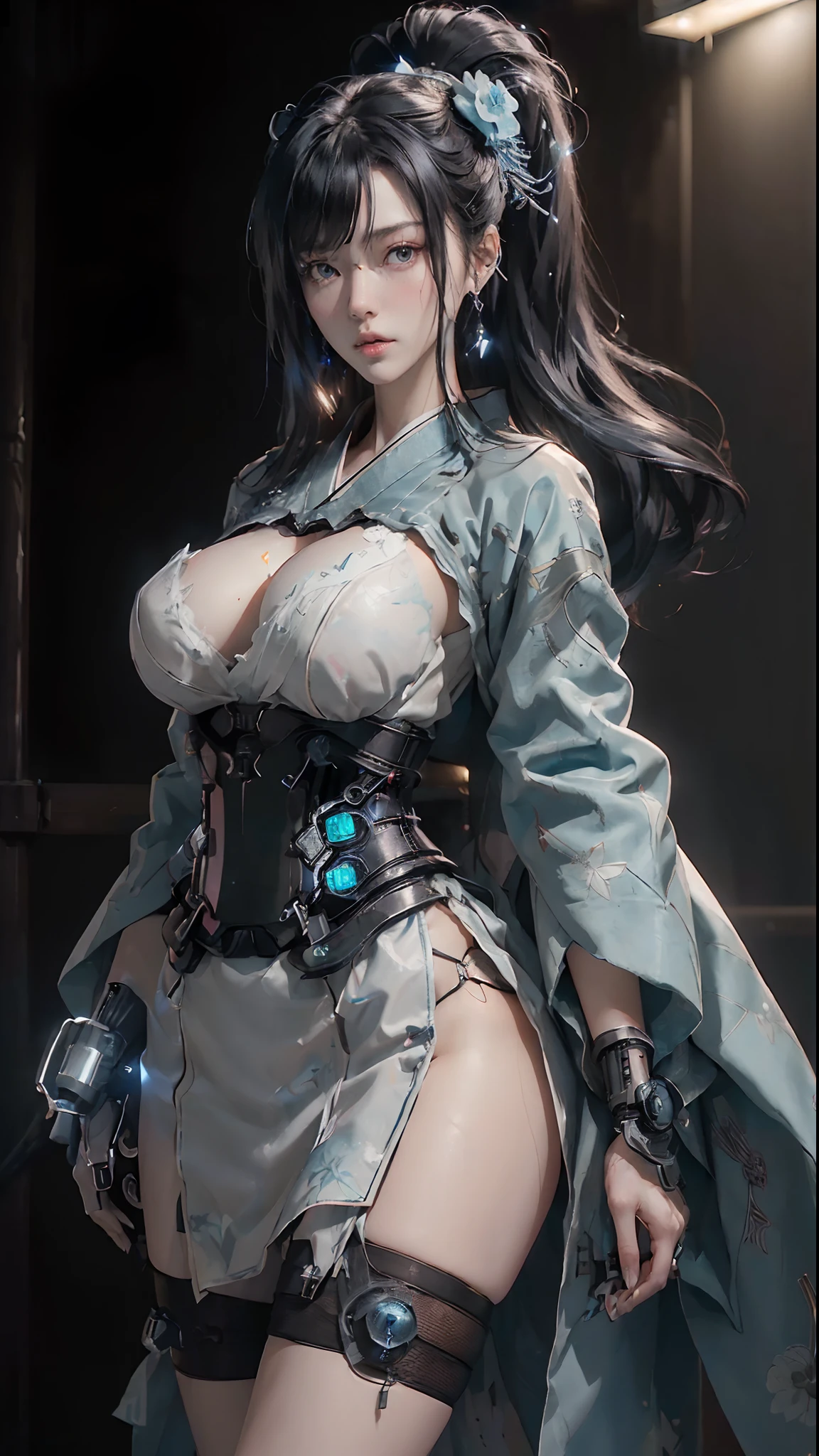 ((of the highest quality)), ((​master piece)), (detail:1.4), (((((Tall Woman))))), (((Translucent black material with skin showing through, Mechanical parts and Japan kimono motif、Beautiful woman in cyber design cyan blue Japan kimono made of gray carbon material))), ((oiran)), ((collars)), ((Obi with blue-white glowing LEDs)), ((Sleeved)), Glowing pale with LEDs, ((Wide open chest)), ((Kimono with disheveled Japan)), Ticker (High dynamic range), Ray tracing, NVIDIA RTX, Super Resolution, Subsurface Scattering PBR Texturing, Post-processing, Anisotropy Filtering, depth of fields, Surface Shading, Accurate simulation of light/Material Interactions, perfectly proportions, Two-tone lighting, Wide aperture, Low ISO, White Balance, 8K, NSFW, (((Tall Woman))), 25 year old woman, Puffy nipple, ((Hair ornament with dull glowing LEDs)), open stance, (((Cowboy Shot))), Beautiful body, Chest to feel gravity, (Huge breasts: 1.3), Simple and minimalistic space, Natural pose, Looking down, (((Beautiful straight hair))), (((hime cut))), (((Black hair))), facing front, Anatomically natural human body, (((Mechanical knee parts with glowing LEDs))), ((girdle)),