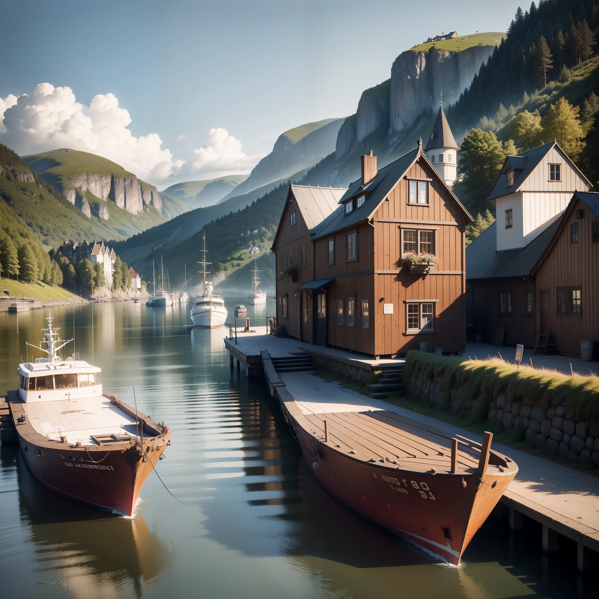 photo, (wide dynamic range), fine art, masterpiece, super detail, high quality, award winning, 8k, port of bergen, in Norway, traditional nordic buildings,  ship at anchor, natural light, on a sunny day, in summer, in the afternoon