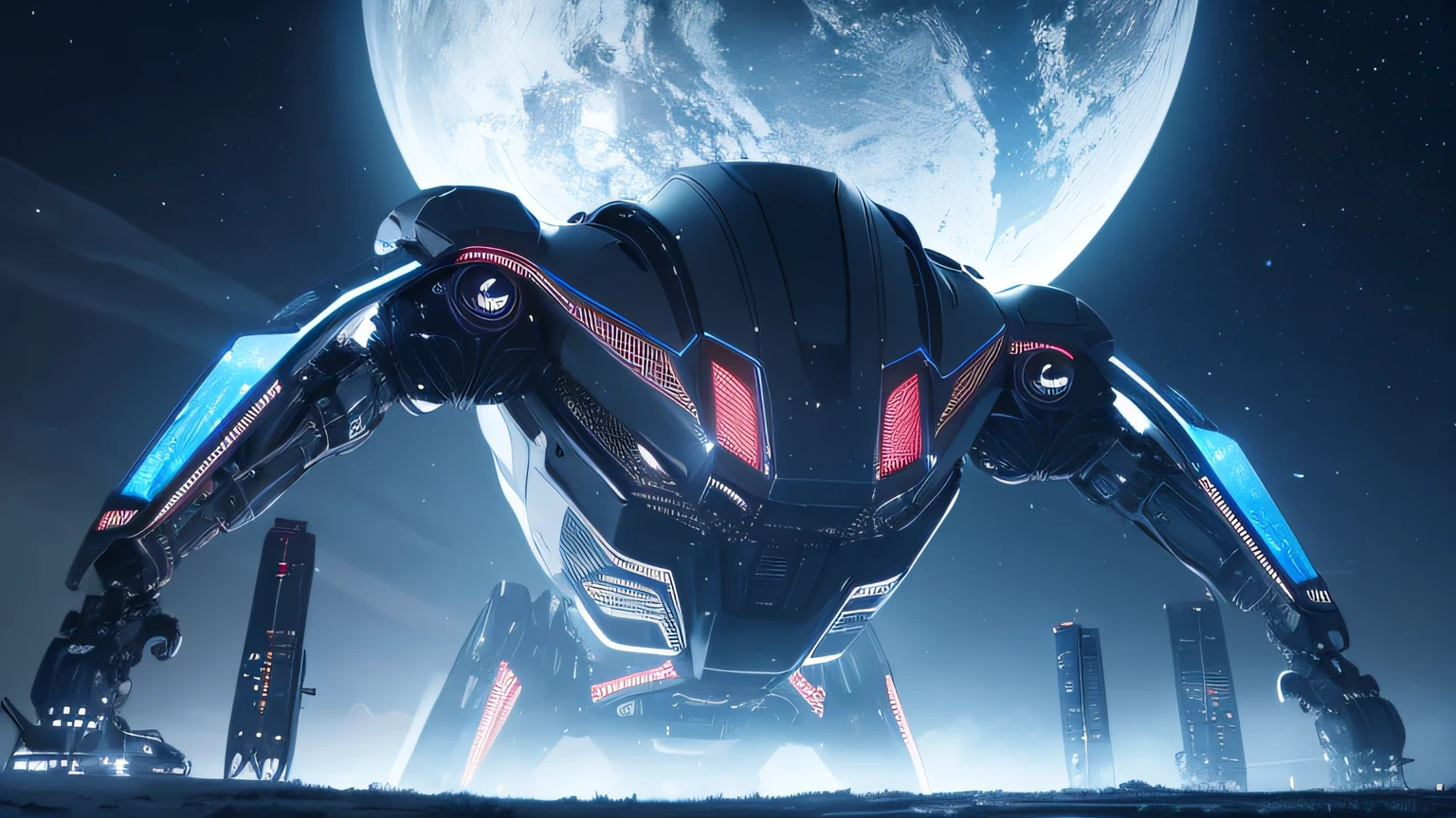 A giant music robot, lights at night with music technology, a muscle robot.  Alien structures, Night sky. A robotic silhouette in the background, A distant robot man. Alien structures, Night sky. White and blue, 8K, Realistic photo, deep color, fantastical, intricate detail, splash screen, complementary colors, 8k resolution trending on Artstation Unreal Engine 5" , Alien structures,