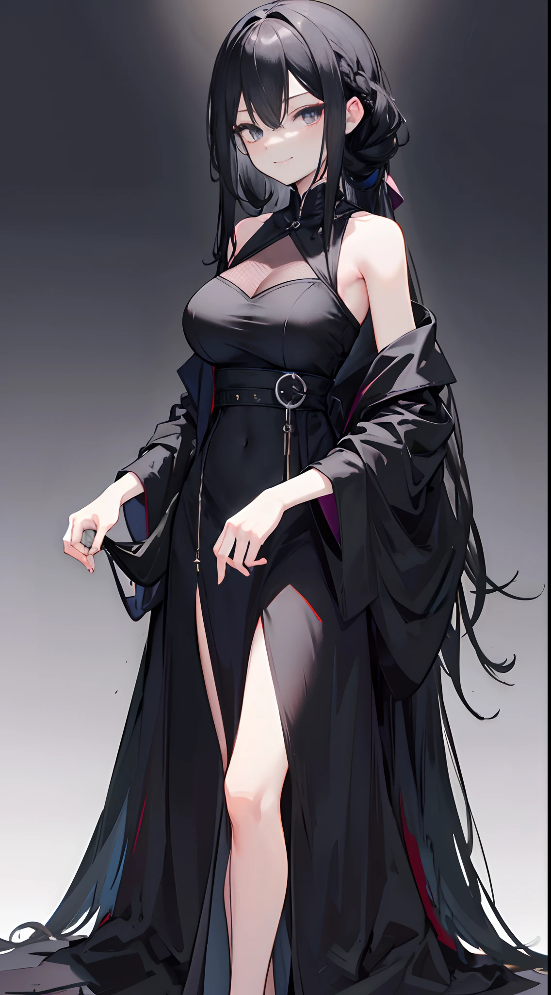 Solo，Facing the viewing angle，black long straight hair，Fishtail braided hairstyle，Big breasts little ，Gorgeous black wedding dress，Black shawl，Black colored eyes，A smug smile，bare-legged，stand posture，white background