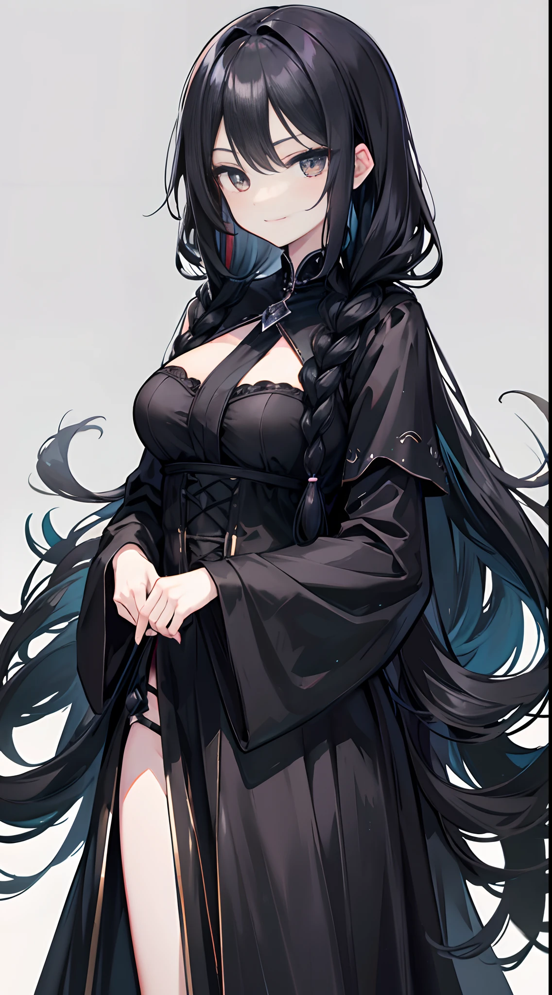 Solo,Facing the viewing angle,black long straight hair,Fishtail braided hairstyle,Big breasts little loli,Gorgeous black wedding dress,Black shawl,Black colored eyes,A smug smile,bare-legged,stand posture,white background