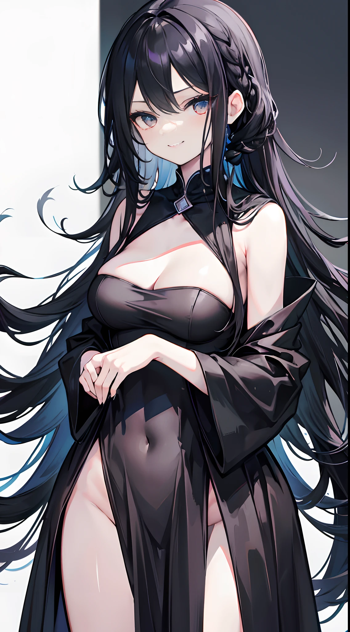 Solo,Facing the viewing angle,black long straight hair,Fishtail braided hairstyle,Big breasts little ,Gorgeous black wedding dress,Black shawl,Black colored eyes,A smug smile,bare-legged,stand posture,white background