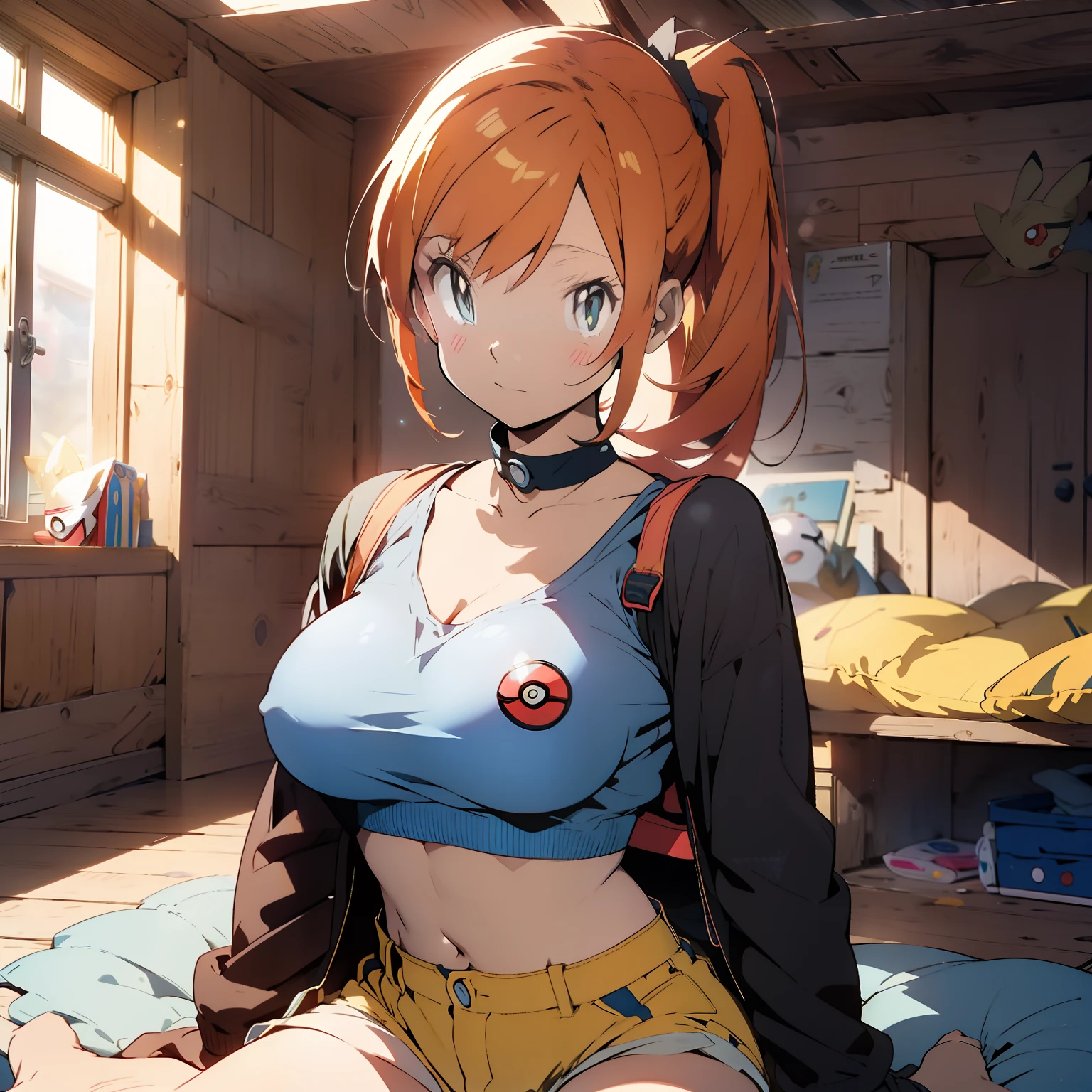 (masterpiece, best quality), Misty from "pokemon", full-body shot , 1girl, indoors, big breast, H-cup, good breast, beautiful, gorgeous ,large breast, cleveage, expressive eyes, perfect face, hands on breasts, hands pushing breasts together, masturbation from below, Grab your own breasts, Misty_pokemon (( pokeball classic )) orange hair, side ponytail, yellow crop-top, denim shorts, sitting on floor, underboob,