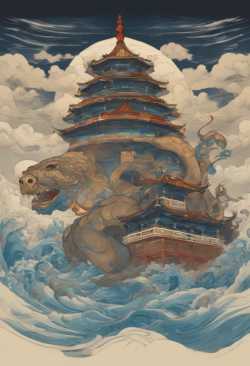 China-style,Chinese mythology,Xuanwu,faucet,Turtle body,Heavy tortoiseshell shell,The snake's tail grows out,has horns on its head,tosen,Ferocious,gargantuan,The eyes glow blue light,the sea,Huge waves,surrounded by cloud,中景 the scene is,Full body like, highly detailed surreal vfx,oc rendered, - AR 16:9 --q 2 --s 1000