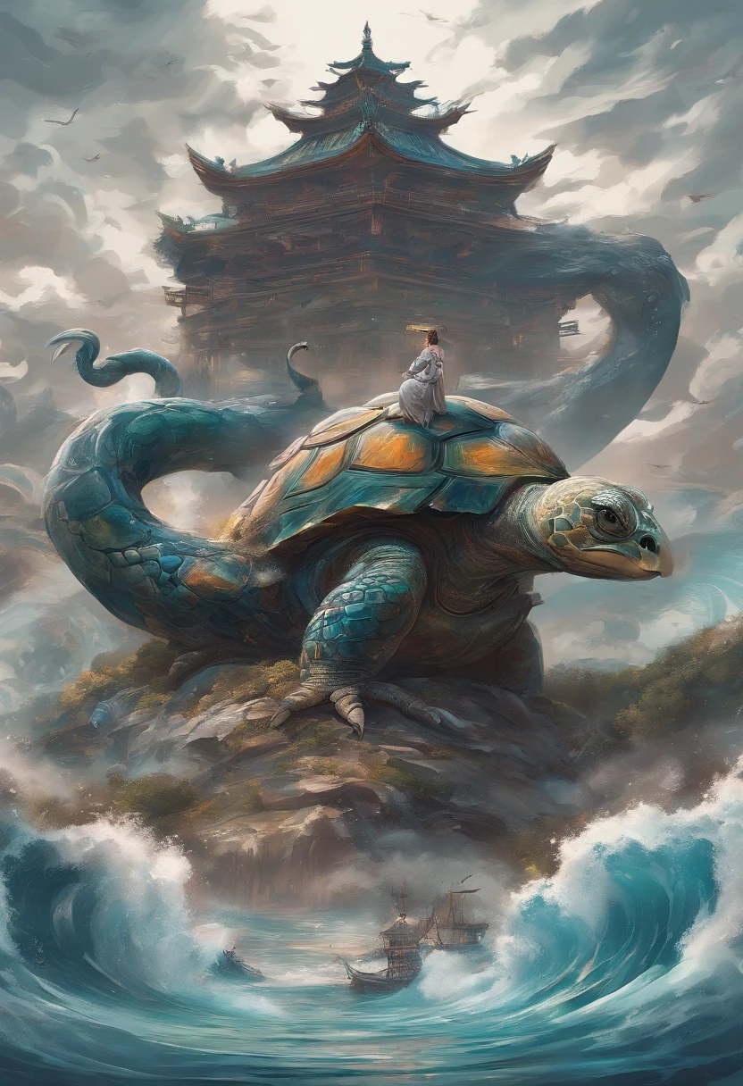 China-style,Chinese mythology,Xuanwu,faucet,Turtle body,Heavy tortoiseshell shell,The snake's tail grows out,has horns on its head,tosen,Ferocious,gargantuan,The eyes glow blue light,the sea,Huge waves,surrounded by cloud,中景 the scene is,Full body like, highly detailed surreal vfx,oc rendered, - AR 16:9 --q 2 --s 1000