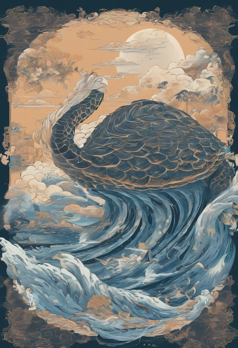 China-style,Chinese mythology,Xuanwu,faucet,Turtle body,Heavy tortoiseshell shell,The snake's tail grows out,has horns on its head,tosen,Ferocious,gargantuan,The eyes glow blue light,the sea,Huge waves,surrounded by cloud,中景 the scene is,Full body like, highly detailed surreal vfx,oc rendered, - AR 16:9 --q 2 --s 1000