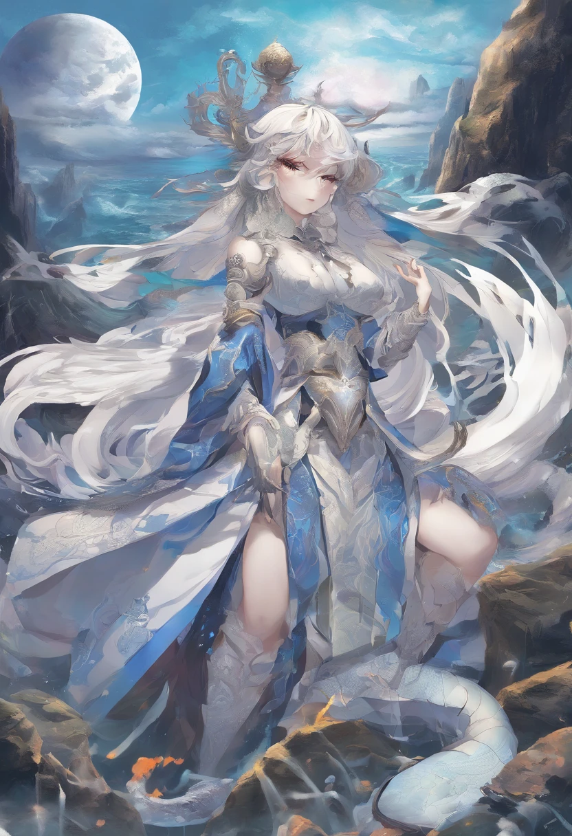 China-style,Chinese mythology,Xuanwu,faucet,Turtle body,Heavy tortoiseshell shell,The snake's tail grows out,has horns on its head,tosen,Ferocious,gargantuan,The eyes glow blue light,the sea,Huge waves,surrounded by cloud,中景 the scene is,Full body like, highly detailed surreal vfx,oc rendered, - AR 16:9 --q 2 --s 1000