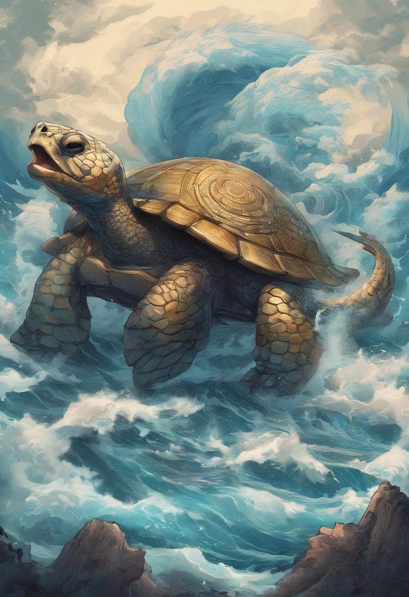 China-style，Chinese mythology，Xuanwu，faucet，Turtle body，Heavy tortoiseshell shell，The snake's tail grows out，has horns on its head，tosen，Ferocious，gargantuan，The eyes glow blue light，the sea，Huge waves，surrounded by cloud，中景 the scene is，Full body like， highly detailed surreal vfx，oc rendered， - AR 16:9 --q 2 --s 1000