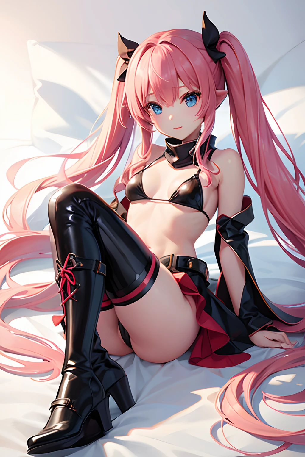 1female、When I was reincarnated, I was a slime character(Mirim)、masterpiece、top-quality、precise、animesque、Demon King Mirim、Aimei、Beautiful blue eyes、A pink-haired、Twin-tailed、Proud twintails、bikini-armor、Black Bikini Armor、small tits、True to the original、Long boots in red、