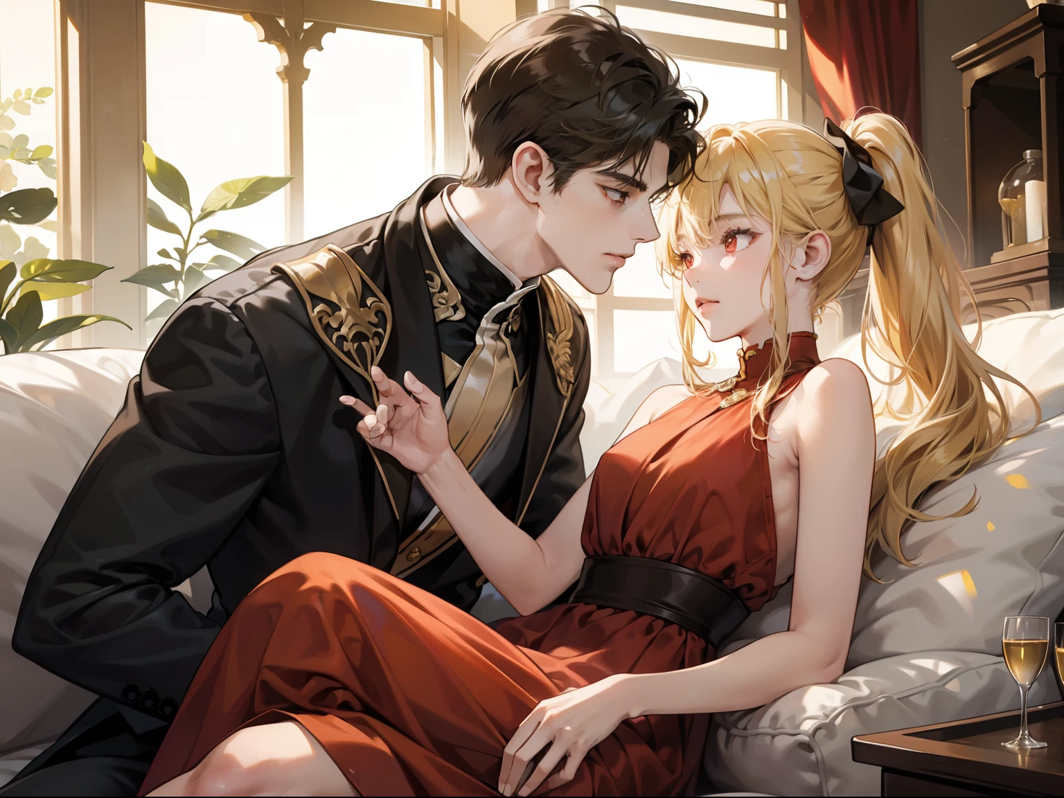 Couple, 1 girl 1 boy, different hair color, long blonde bang hair  side ponytail and brown yellow, short black hair and red eyes, romance, sit on the laps, face to face. elegant long dress
