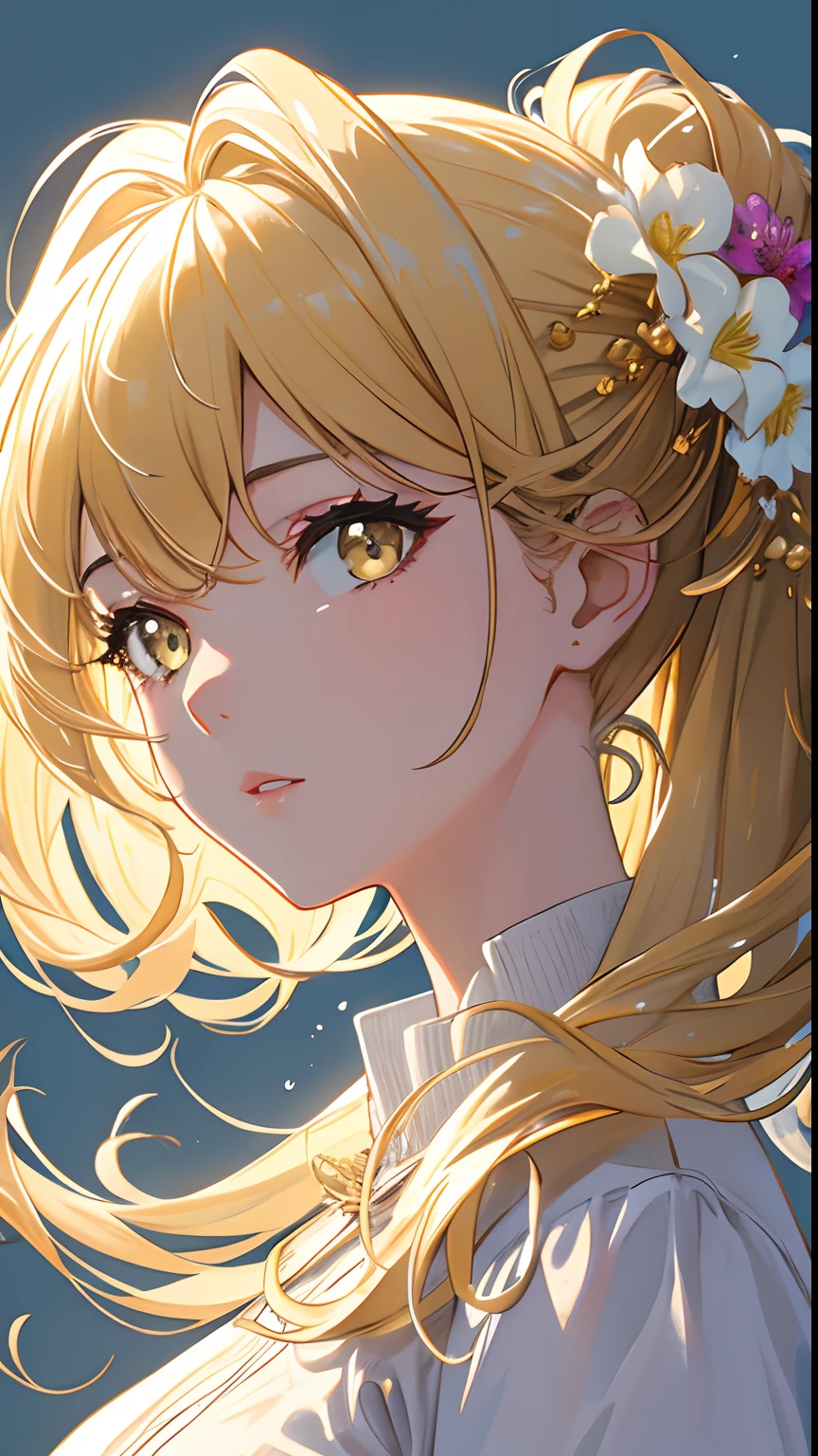 (masterpiece), (best quality), (ultra detailed),(disheveled hair),(illustration), (1girl), (Fashionable clothing), standing, Fashion model, looking at viewer, (interview), (simple background),beautiful detailed eyes, delicate beautiful face, Floating,(high saturation),(colorful splashes),colorful bubble,(shining), focus on face, side ponytail, blonde hair, bangs, hair ring, floating flowers, floating hairs, (shining), best lighting, best shadow,yellow eyes