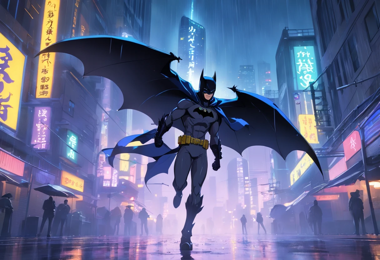 (highres,realistic:1.2,professional) Batman, dark and brooding, Gotham City, urban landscape, moonlit night, Bat-signal shining in the sky, cape flowing in the wind, detailed costume, muscular physique, intense expression, determined eyes, Batman's utility belt, grappling hook, Batarangs, Batmobile, Gotham City skyline, rain-soaked streets, vibrant neon lights, shadows and reflections, intense action, dynamic fighting poses, dramatic lighting, gritty atmosphere, smoke and fog, iconic bat logo on the chest, stealthy, vigilant guardian of the night.