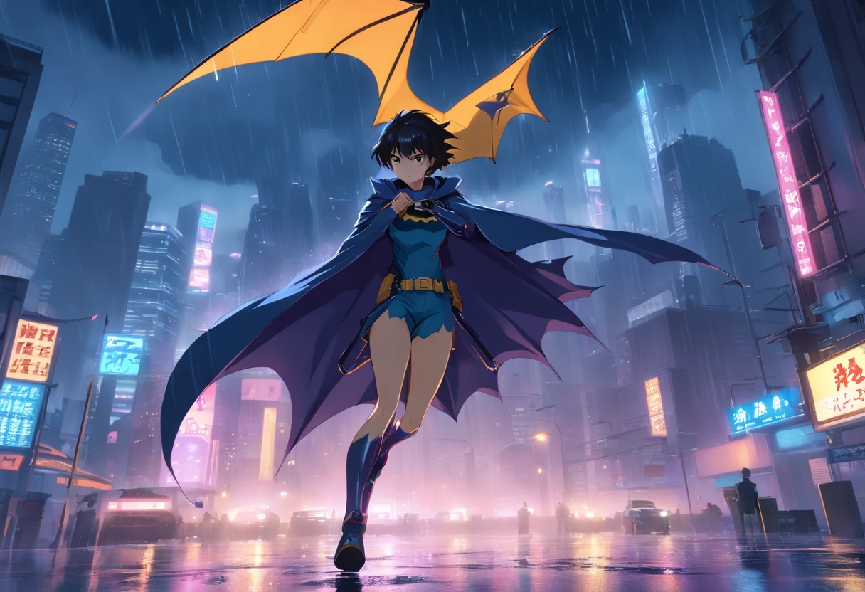 (highres,realistic:1.2,professional) Batman, dark and brooding, Gotham City, urban landscape, moonlit night, Bat-signal shining in the sky, cape flowing in the wind, detailed costume, muscular physique, intense expression, determined eyes, Batman's utility belt, grappling hook, Batarangs, Batmobile, Gotham City skyline, rain-soaked streets, vibrant neon lights, shadows and reflections, intense action, dynamic fighting poses, dramatic lighting, gritty atmosphere, smoke and fog, iconic bat logo on the chest, stealthy, vigilant guardian of the night.